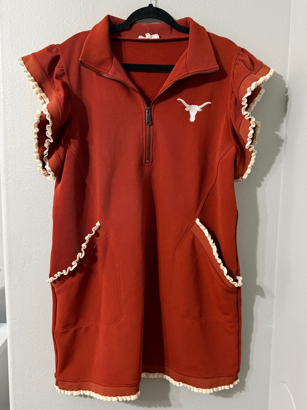 Adorable UT University of Texas Burnt Orange Ruffle Trim Polo QuarterZip Dress L